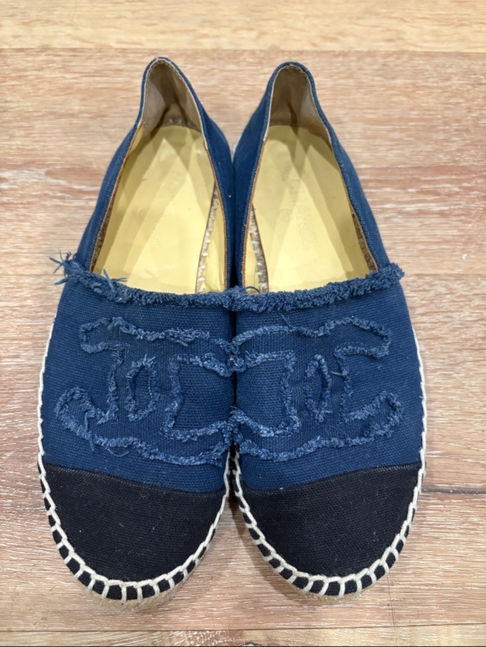 Authentic Chanel Navy Canvas Espadrille Flats with Black Cap Toe